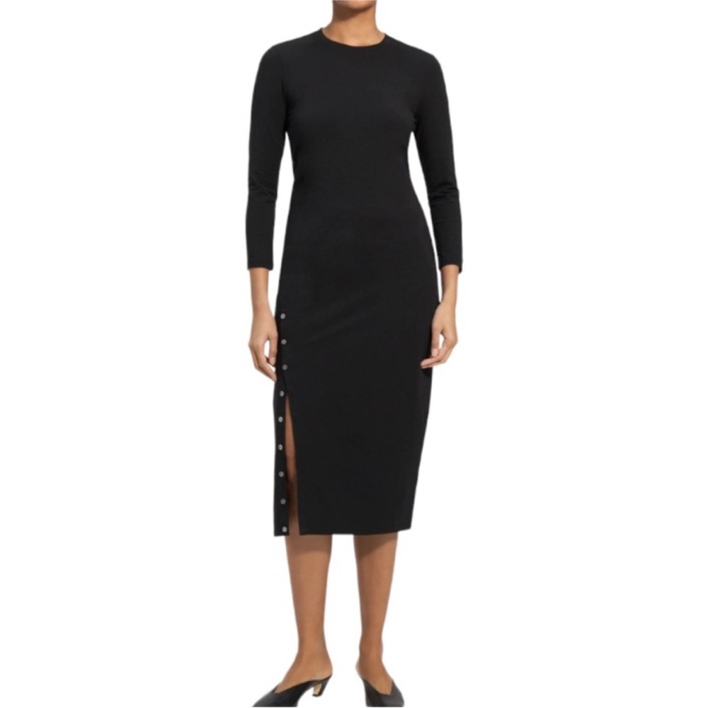 Theory Button Hem Long Sleeve Ranmire Knit Midi Dress Size Large - Picture 2 of 7